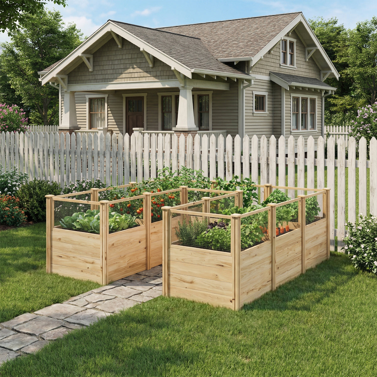 Wooden raised garden beds in front of a house with a white picket fence