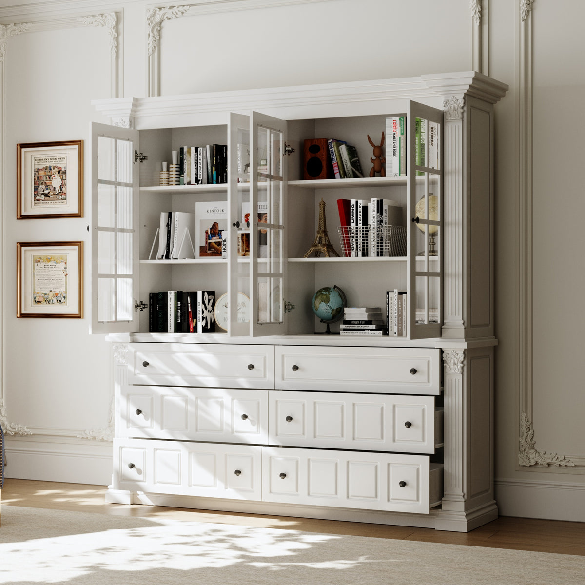 63" Modern White Tall Bookcase with 6 Drawers & 4 Tempered Glass Doors