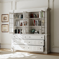 63" Modern White Tall Bookcase with 6 Drawers & 4 Tempered Glass Doors