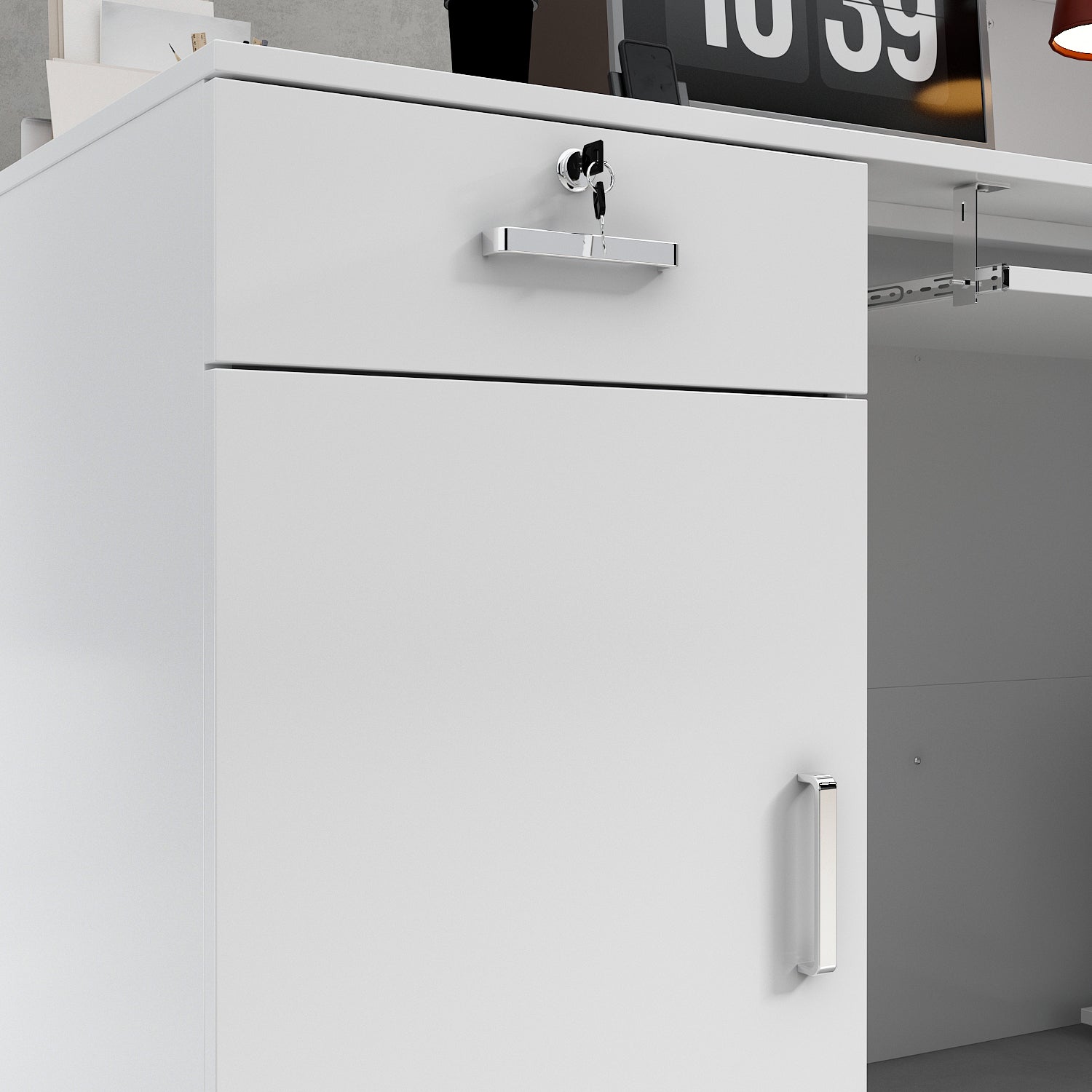 Reception Desk Front Counter Desk with Lockable Drawer & Bookshelf