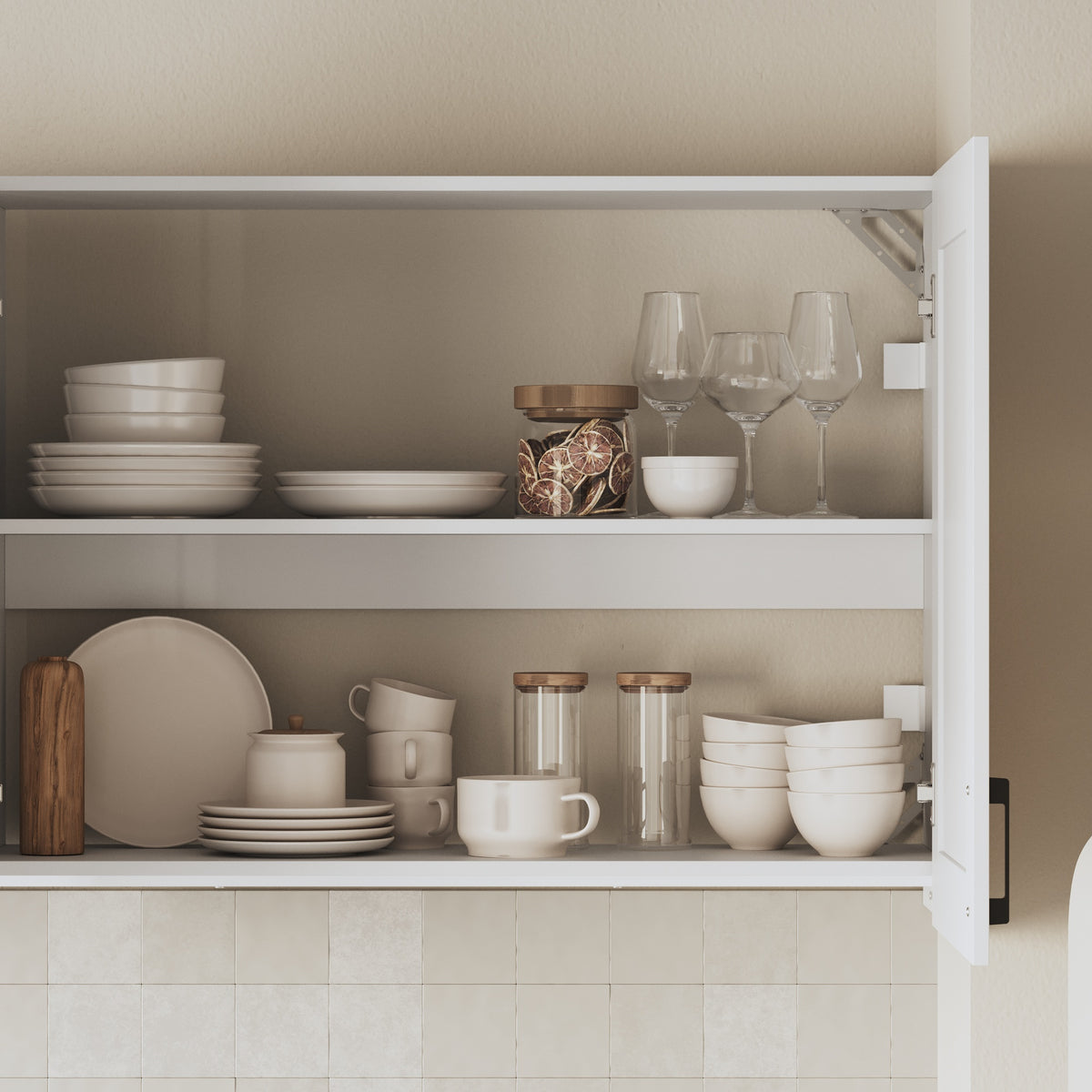60" White Kitchen Sideboard Buffet Pantry Cabinet with Wall-Mounted Upper Storage Cabinet, 3 Drawers and Double Base Doors