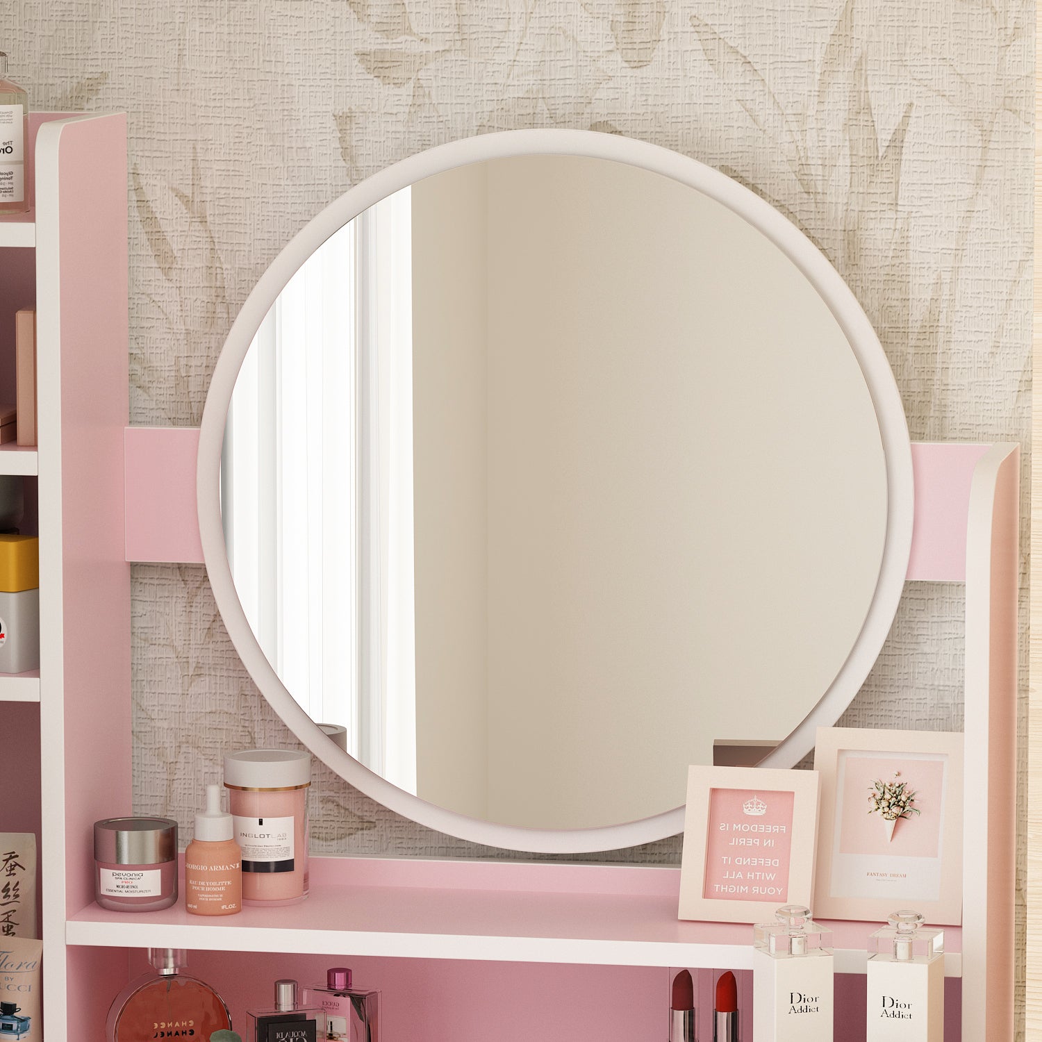 Makeup Vanity Set with Cushioned Stool, 5 Drawers & Display Shelves
