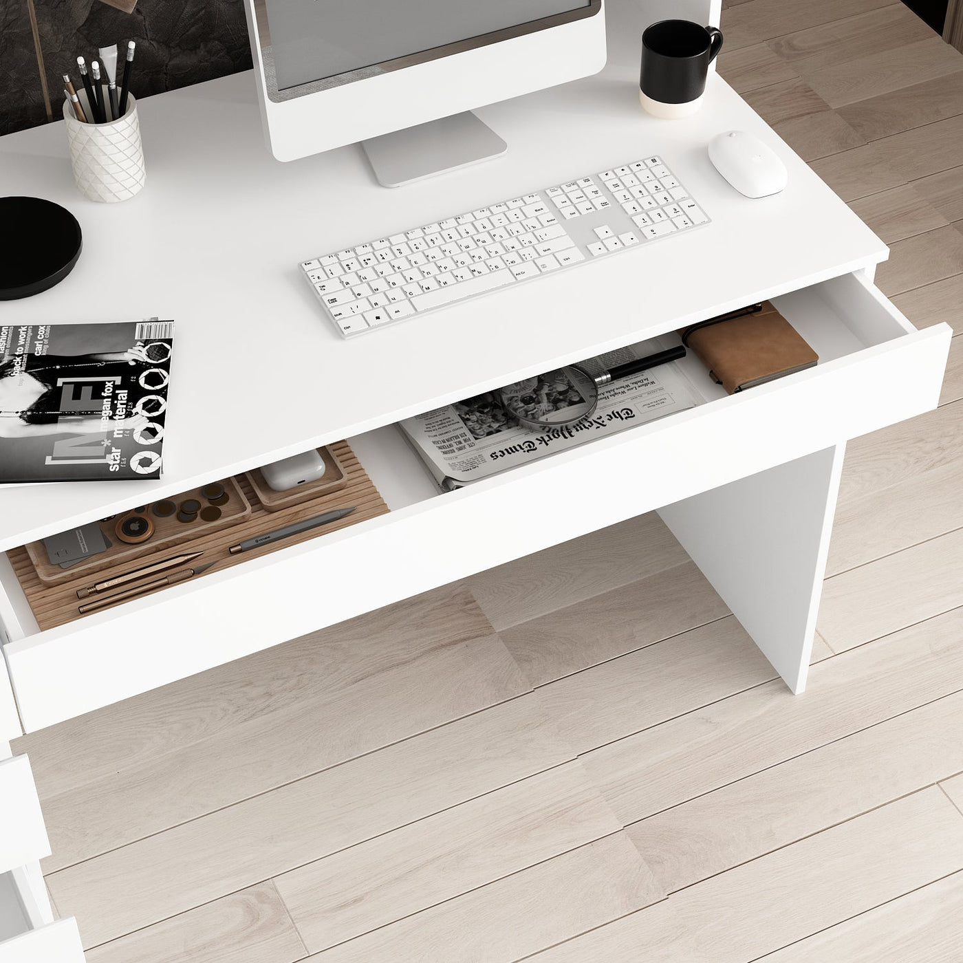 94.5" Modern White Desk with Hinged Doors and Pull-out Drawers