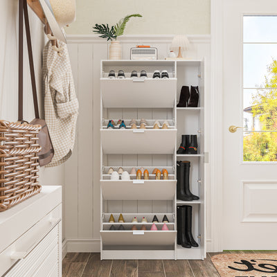 31.5" Modern White Flip-Down Shoe Cabinet with 3 Tiers & 28 Pair Capacity