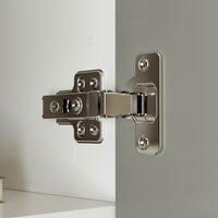 Metallic door hinge on a gray background