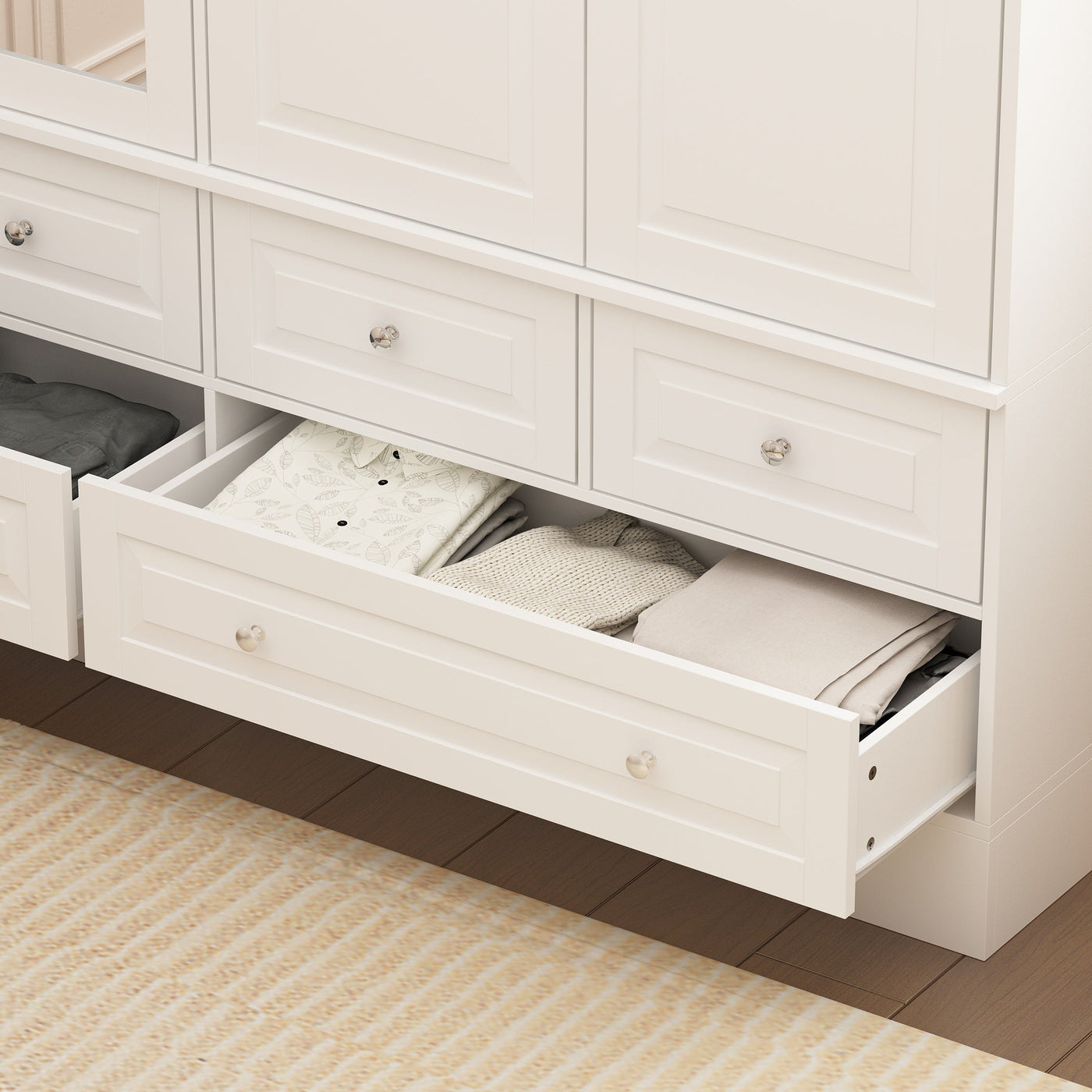 63" Elegant White Armoire Wardrobe with Mirror, 4 Doors, and 6 Drawers