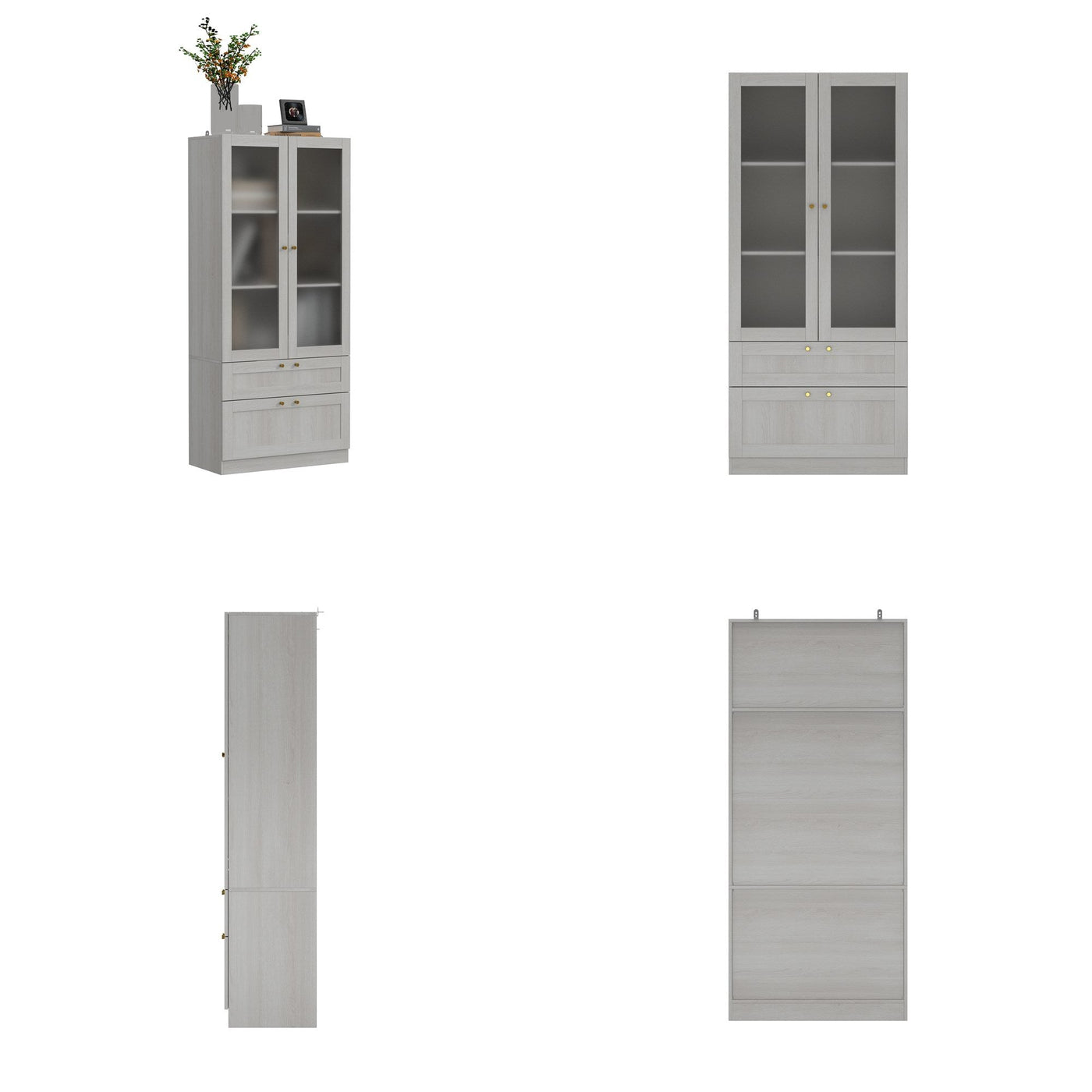 31.5" Modern Minimalist Natural Glass Display Cabinet With Gold Handles And Storage Drawers