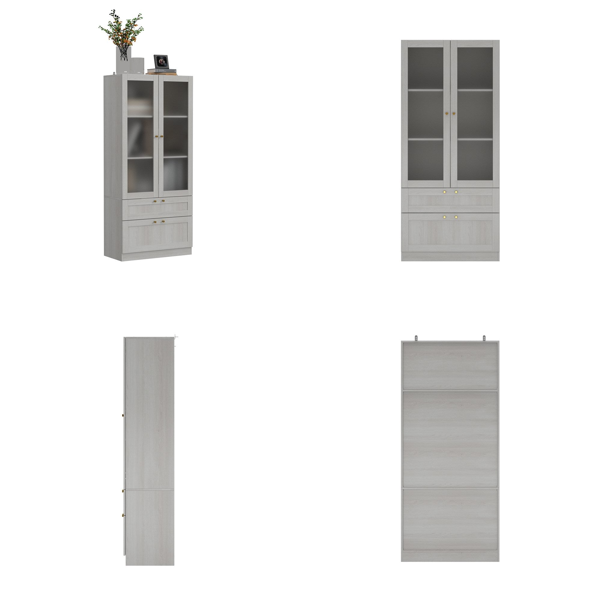 Elegant Glass Display Cabinet With Gold Handles And Storage Drawers