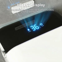 White smart toilet with closed lid, digital display, and built-in bidet