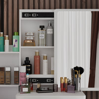 35.4" Modern White/Black Vanity Set with Sliding Mirror, 4 Drawers, Shelves and Cushioned Stool