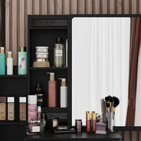 35.4" Modern White/Black Vanity Set with Sliding Mirror, 4 Drawers, Shelves and Cushioned Stool