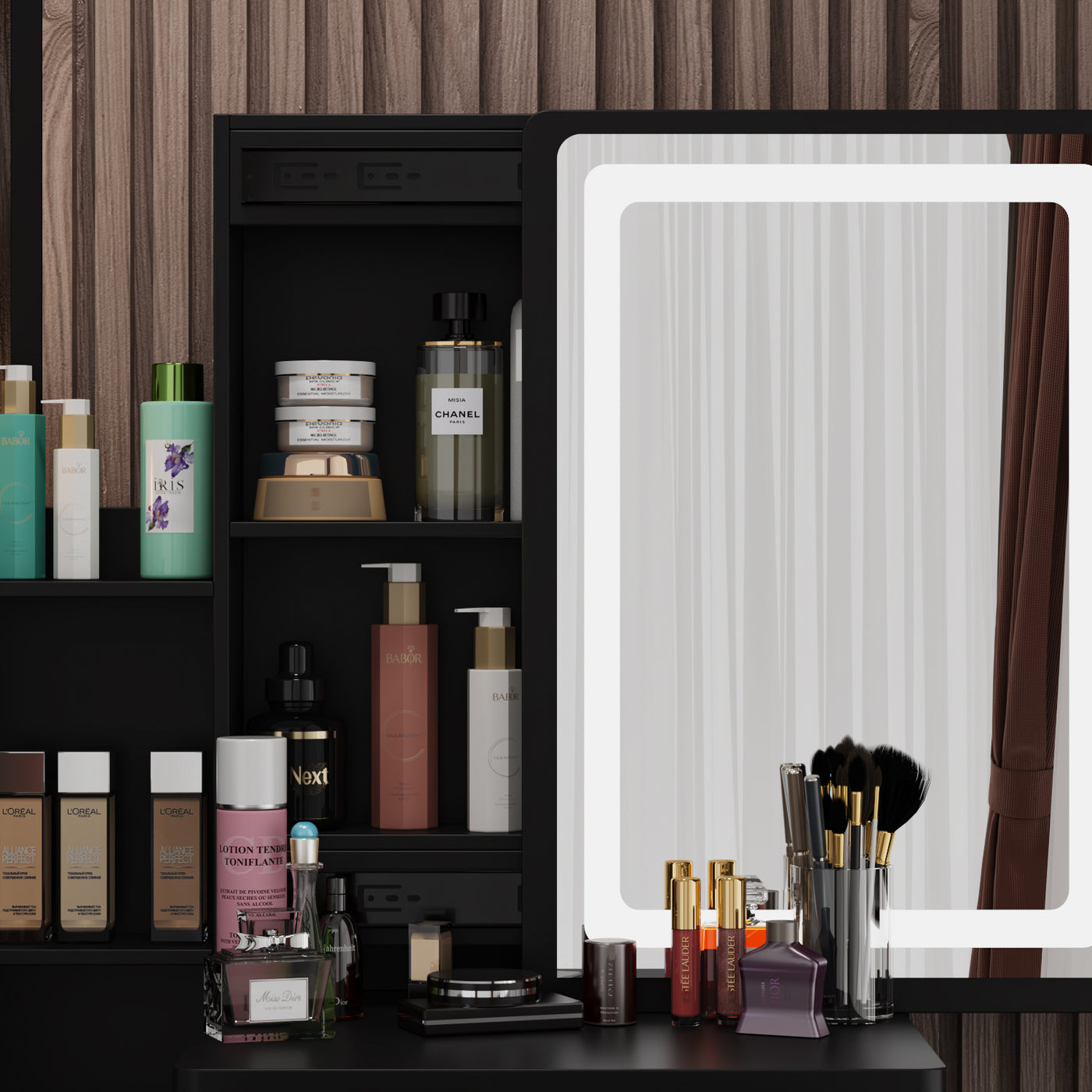 35.4" Modern White/Black Vanity Set with Sliding Mirror, 4 Drawers, Shelves and Cushioned Stool