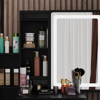 35.4" Modern White/Black Vanity Set with Sliding Mirror, 4 Drawers, Shelves and Cushioned Stool
