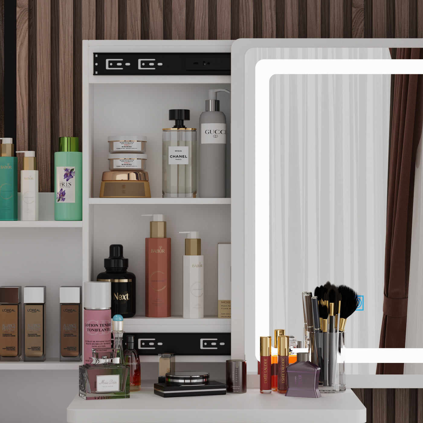 35.4" Modern White/Black Vanity Set with Sliding Mirror, 4 Drawers, Shelves and Cushioned Stool