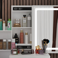 35.4" Modern White/Black Vanity Set with Sliding Mirror, 4 Drawers, Shelves and Cushioned Stool