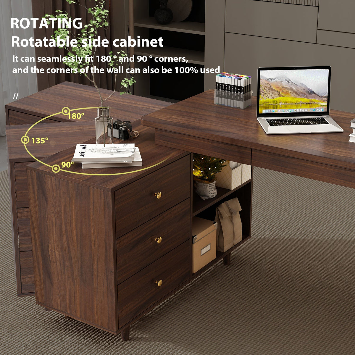 55.1" Mid-Century Modern Brown L-Shaped Home Office Computer Desk with 3 Drawers and Wood Legs