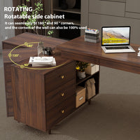 55.1" Mid-Century Modern Brown L-Shaped Home Office Computer Desk with 3 Drawers and Wood Legs
