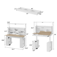 55.1" White Wood Electric Height Adjustable Sewing Table with LED Light and Storage Hutch