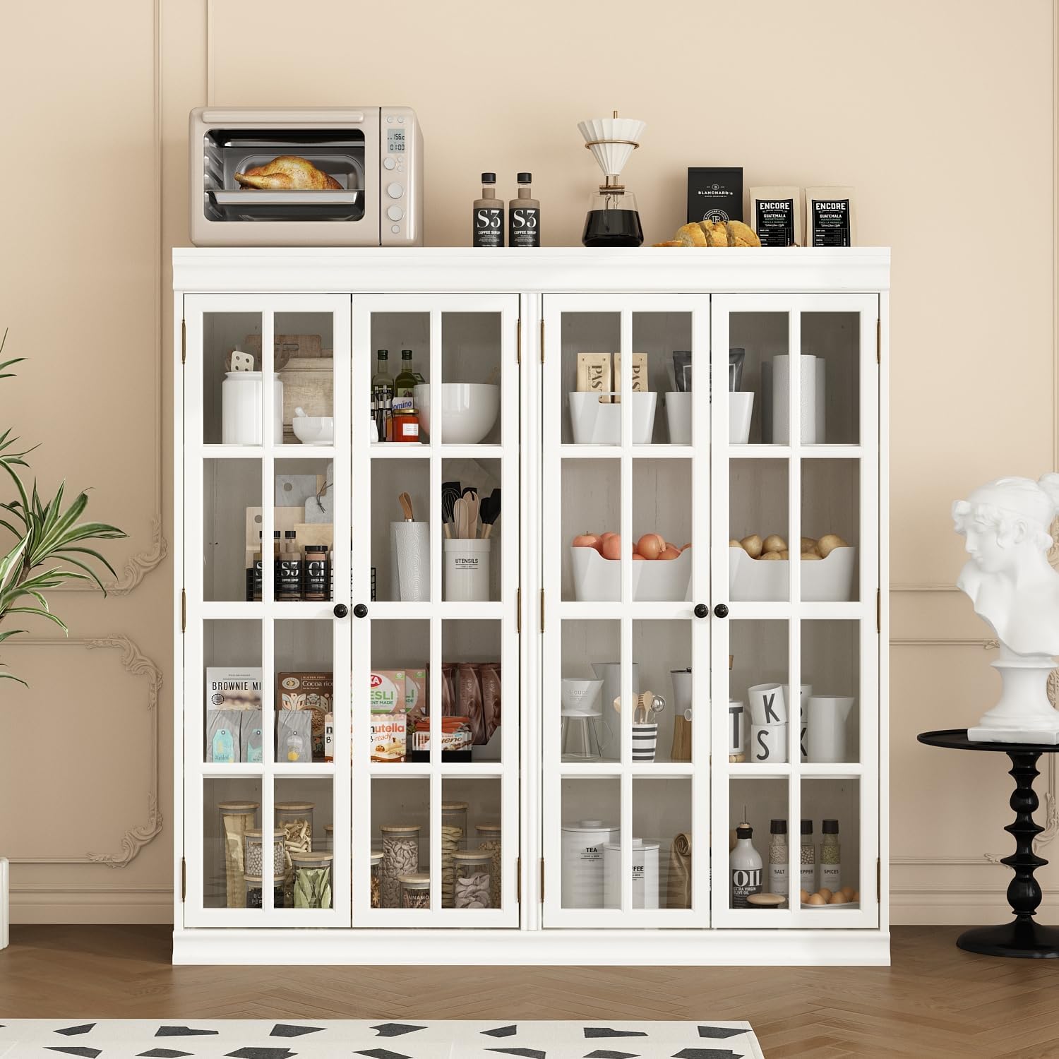 47.2"W Sideboard With 4 Glass Door Large Capacity Cabinet Home Storage