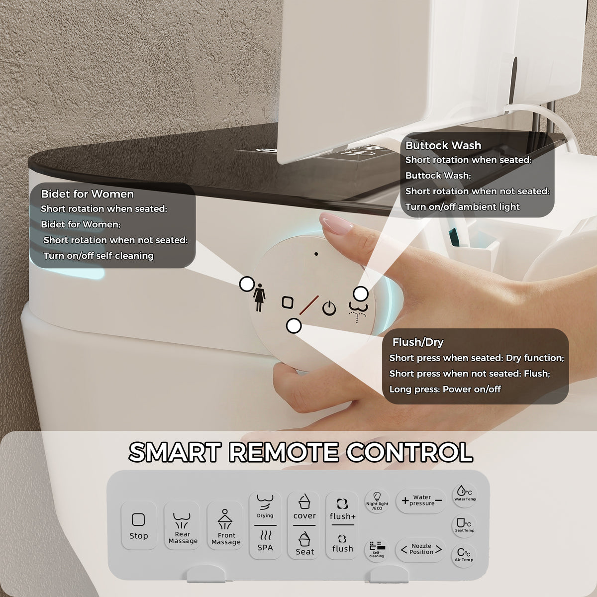 White smart toilet with open lid, built-in bidet, and ambient night light