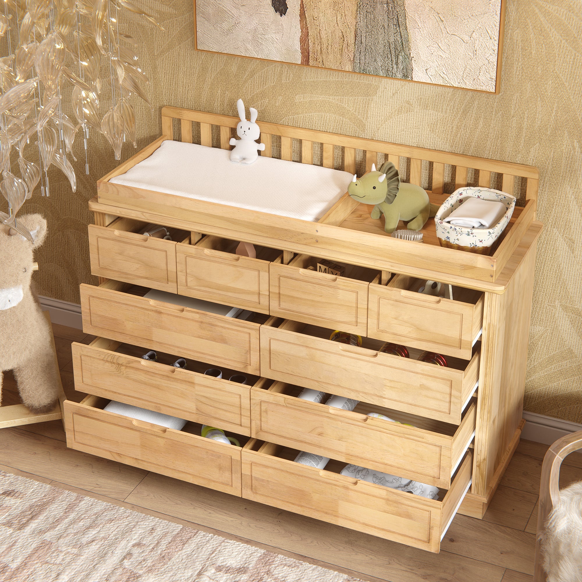 Wood changing table dresser with removable changing topper and multiple drawers
