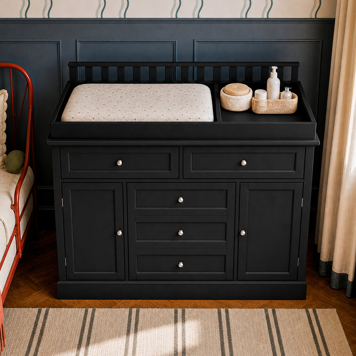 46.3" Modern Black Changing Table with 3 Drawers and 2 Cabinets