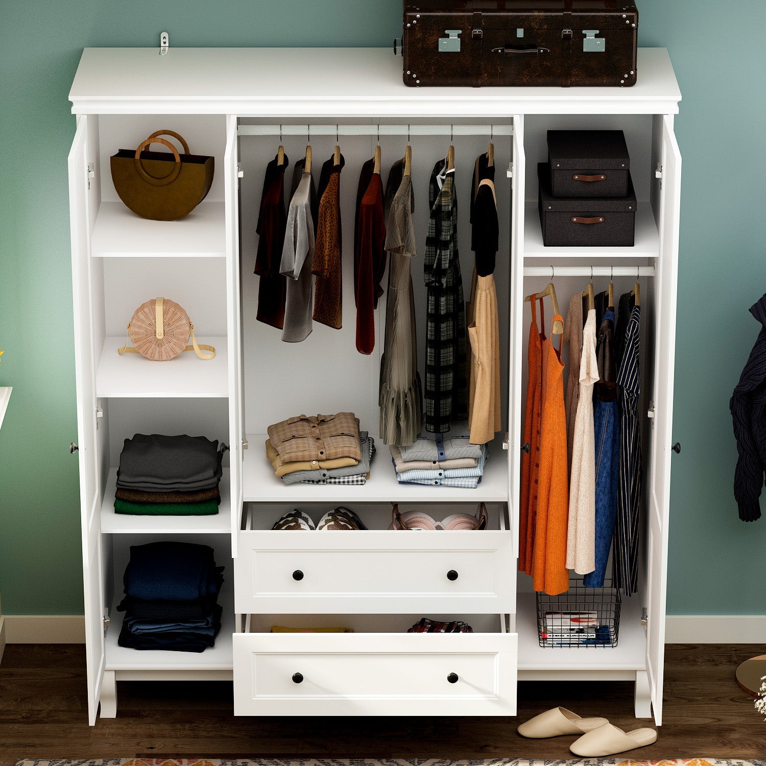 Wardrobe Armoire Garment Rack Closet with Storage Shelves and Drawers in White Finish for Bedroom