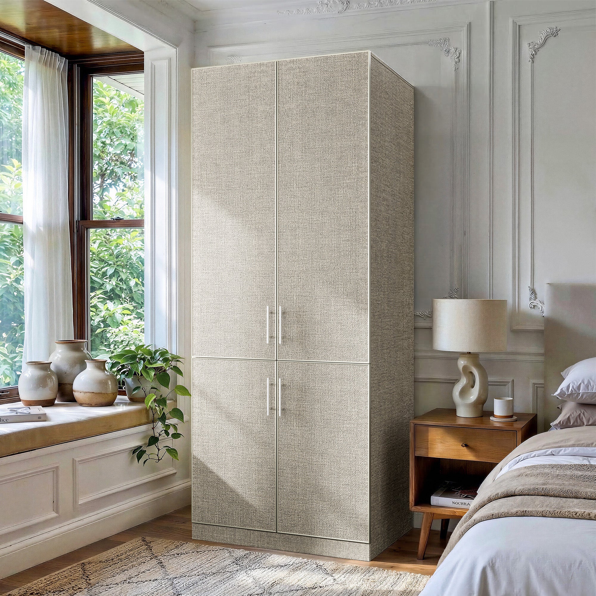 Beige armoire with pants rack and hanging rod