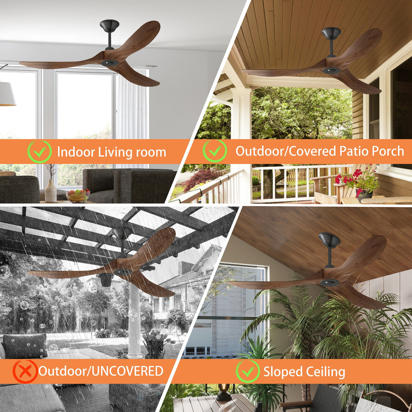 60" Modern Simple Brown Ceiling Fan With Wooden Streamline Design