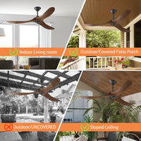 60" Modern Simple Brown Ceiling Fan With Wooden Streamline Design