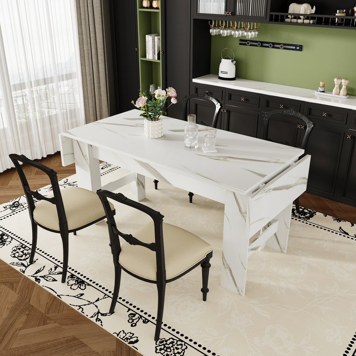 94.5" Modern White Dining Table with 2 Built-in Leaves