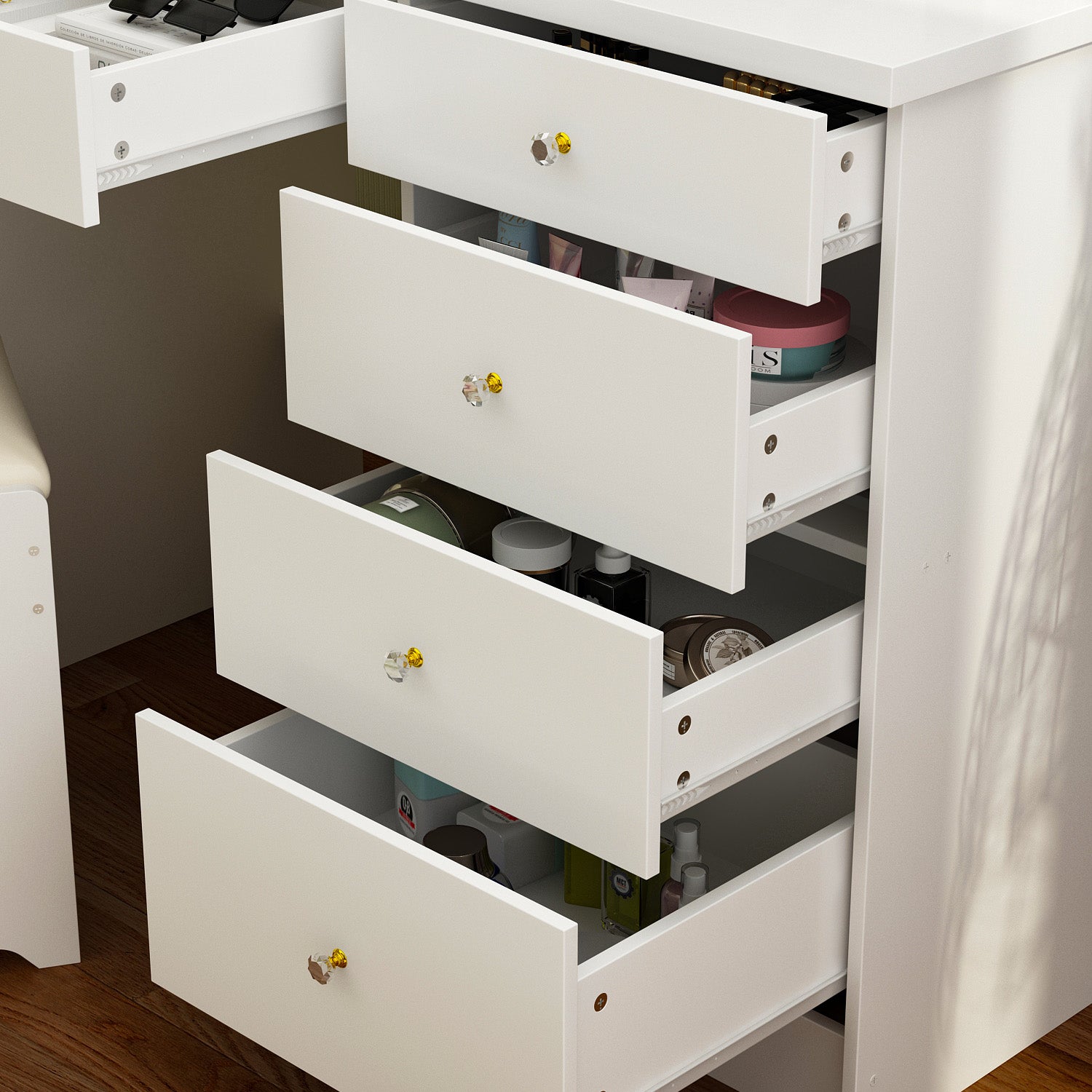 Makeup Vanity Set with Sliding Lighted Mirror, Cushioned Stool, 5 Drawers & Shelves