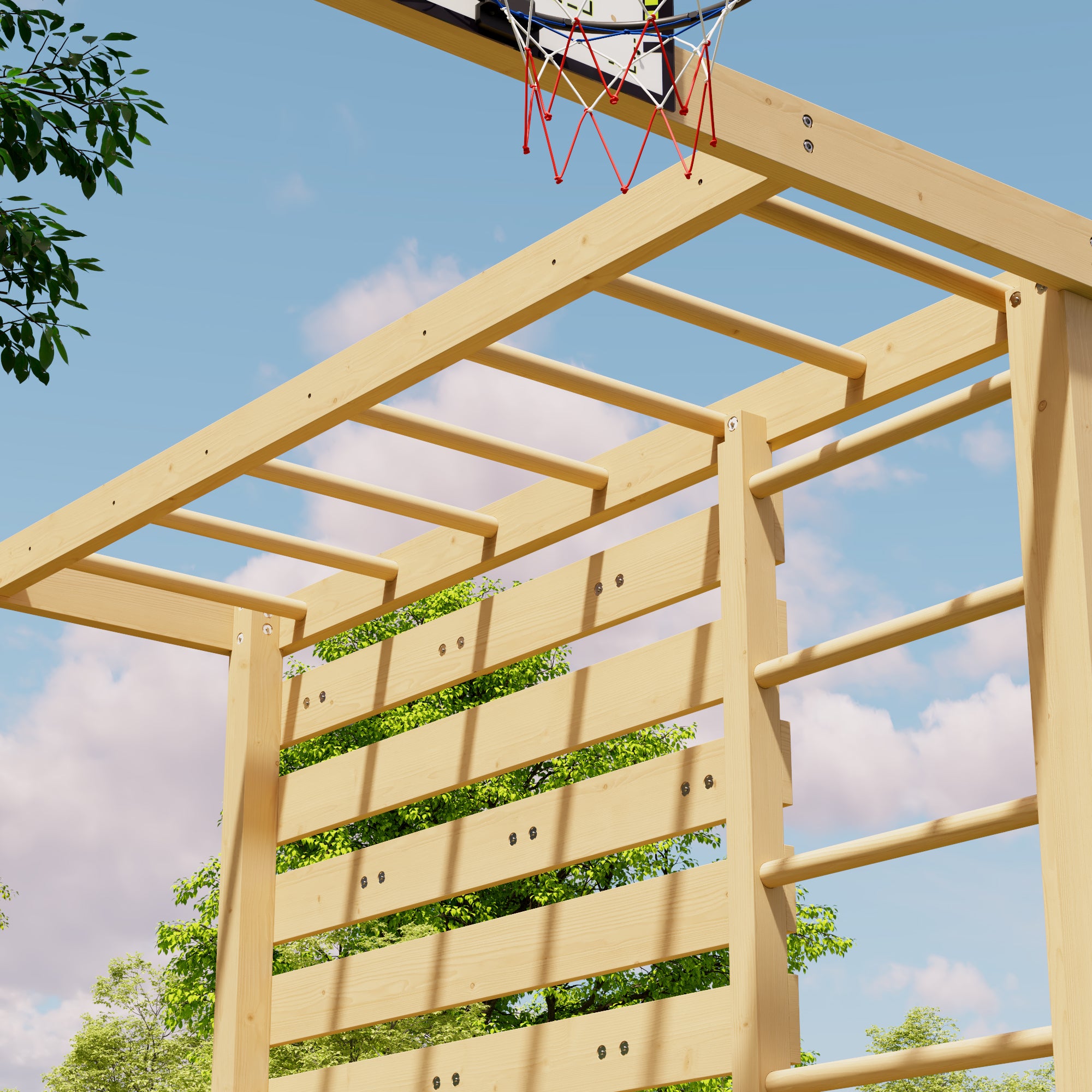 78.7" 8-in-1 Solid Wood Outdoor Playset with Swings, Climbing Wall and Basketball Hoop