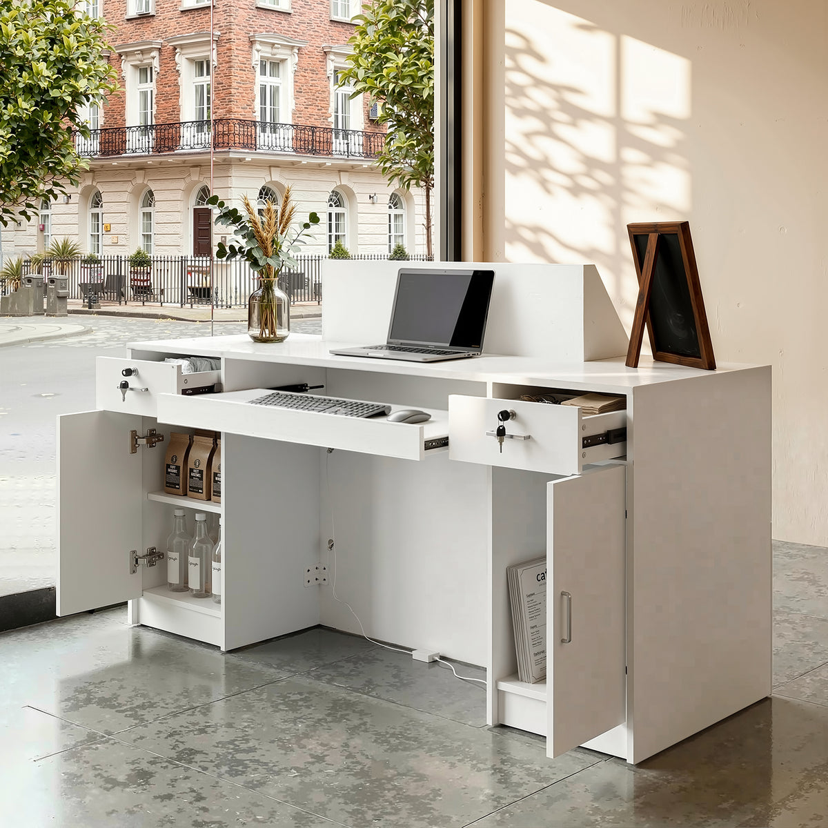 White reception desk with open display shelves and built-in LED lighting
