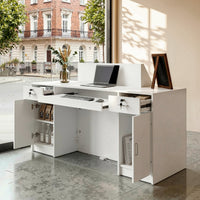 White reception desk with open display shelves and built-in LED lighting