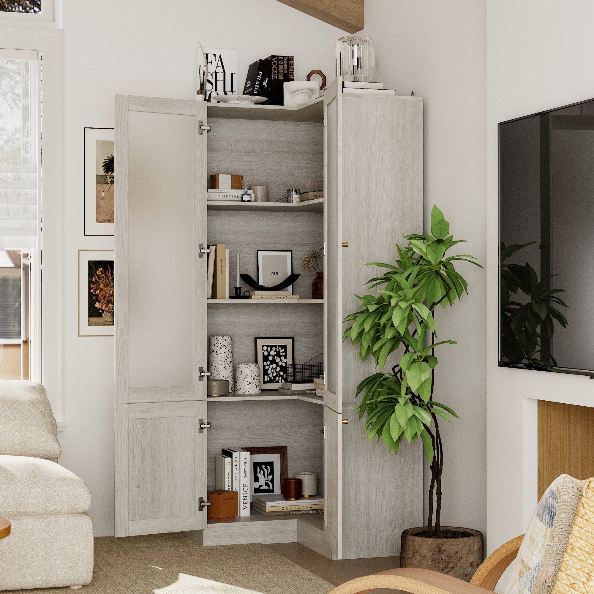 Elegant Corner China Cabinet With Shelves And Frosted Glass Doors – Space-Saving Display Solution