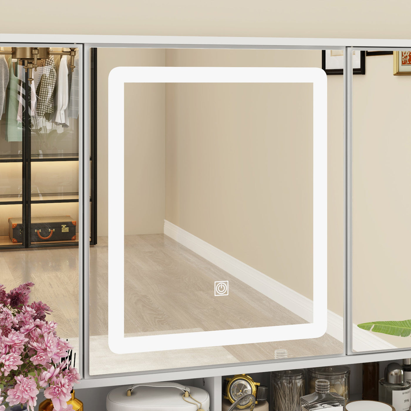 43.3" Modern Minimalist White Makeup Dressing Table with Drawers And Lamp