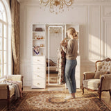 White makeup vanity with full-length LED mirror, side shelves, and drawer storage