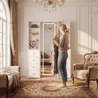 White makeup vanity with full-length LED mirror, side shelves, and drawer storage