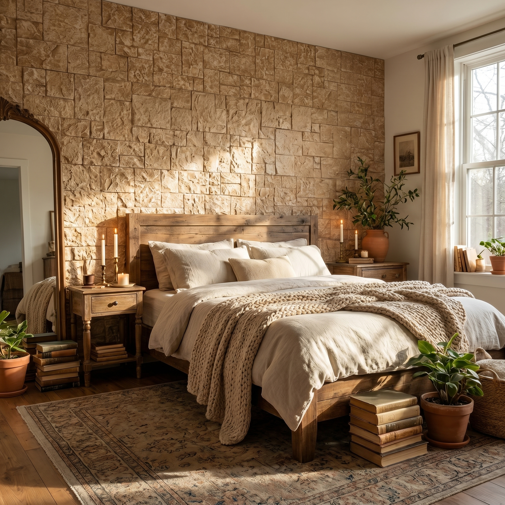 Beige Square Faux Stone Wall Panel Set of 9, Lightweight Indoor & Outdoor Decor Wall Panels