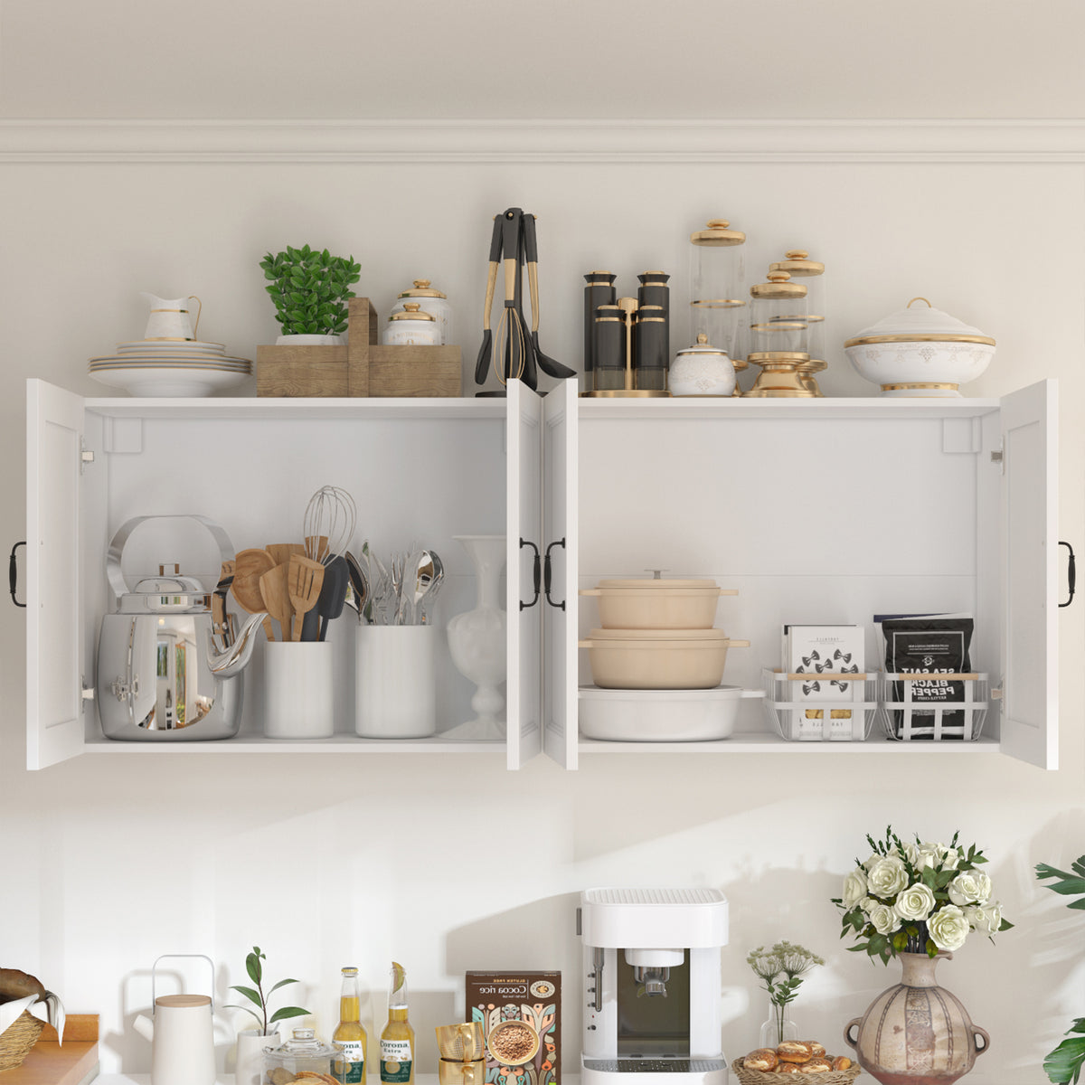 63" Modern White Kitchen Pantry Cabinet with 8 Doors, 2 Drawers & Large Central Worktop