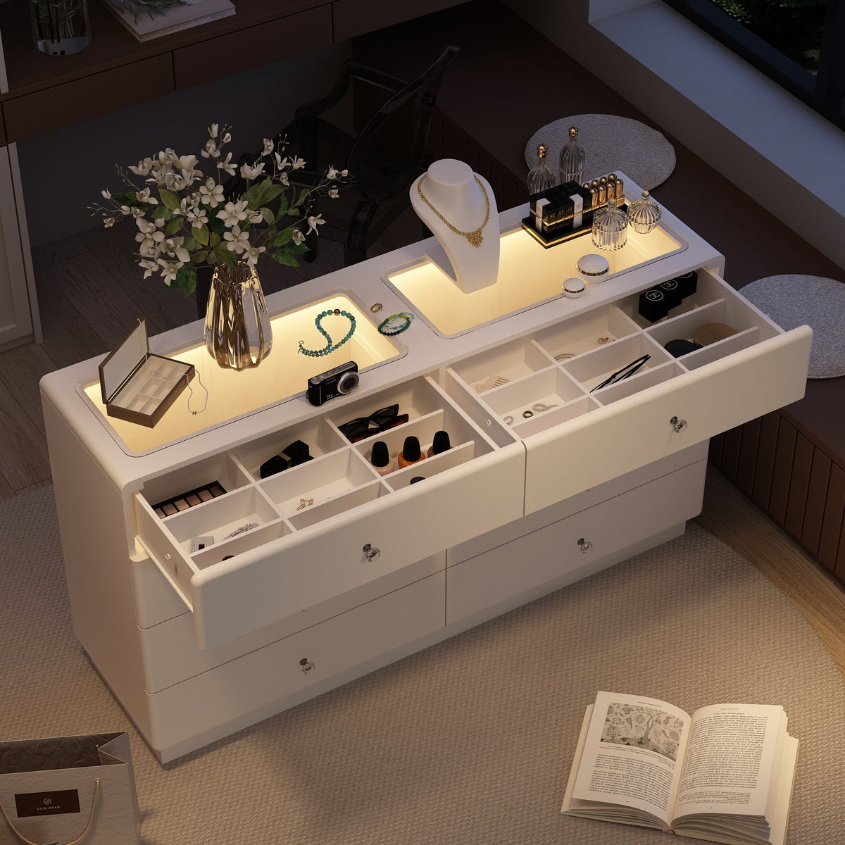 55.1" Modern White Double Dresser with Adjustable Lights