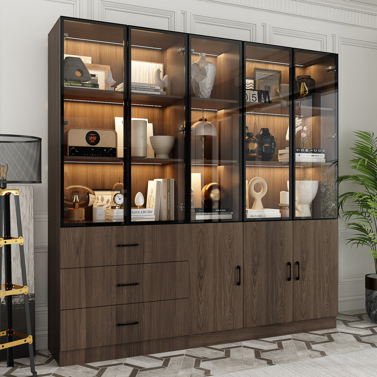 Geyma 78.7" Modern Brown Display Case with LED Lights & 4 Tempered Glass Doors