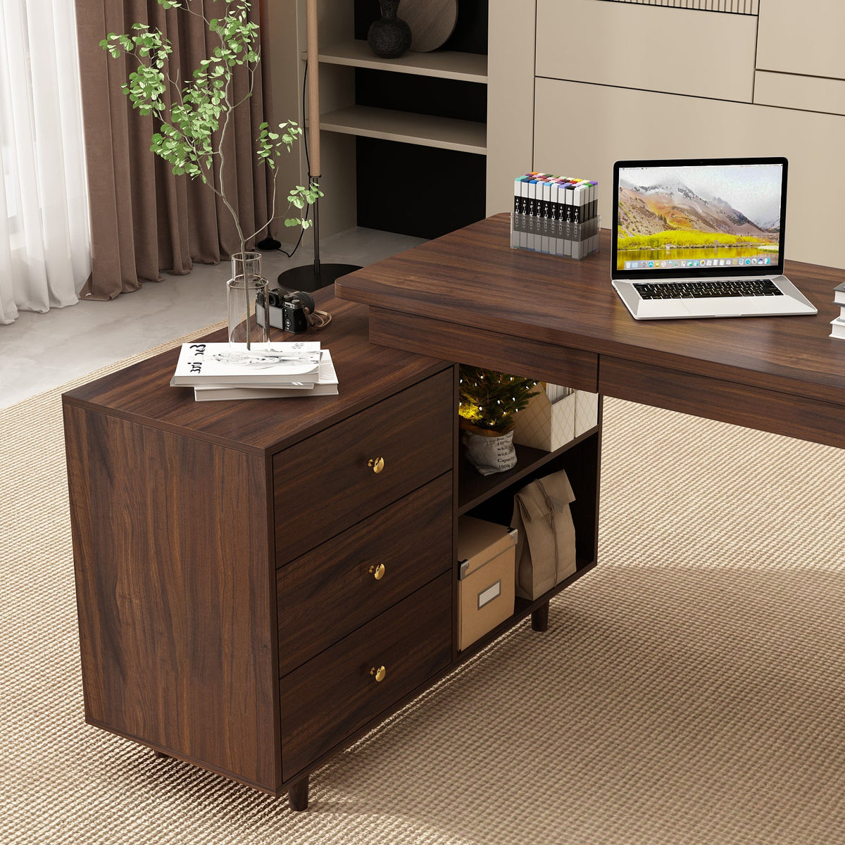 55.1" Mid-Century Modern Brown L-Shaped Home Office Computer Desk with 3 Drawers and Wood Legs