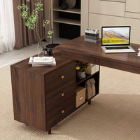 55.1" Mid-Century Modern Brown L-Shaped Home Office Computer Desk with 3 Drawers and Wood Legs