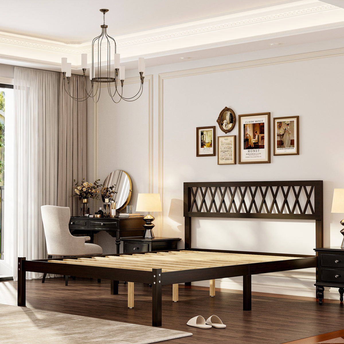 63.2" Modern Brown Platform Bed with Ribbed Detailing