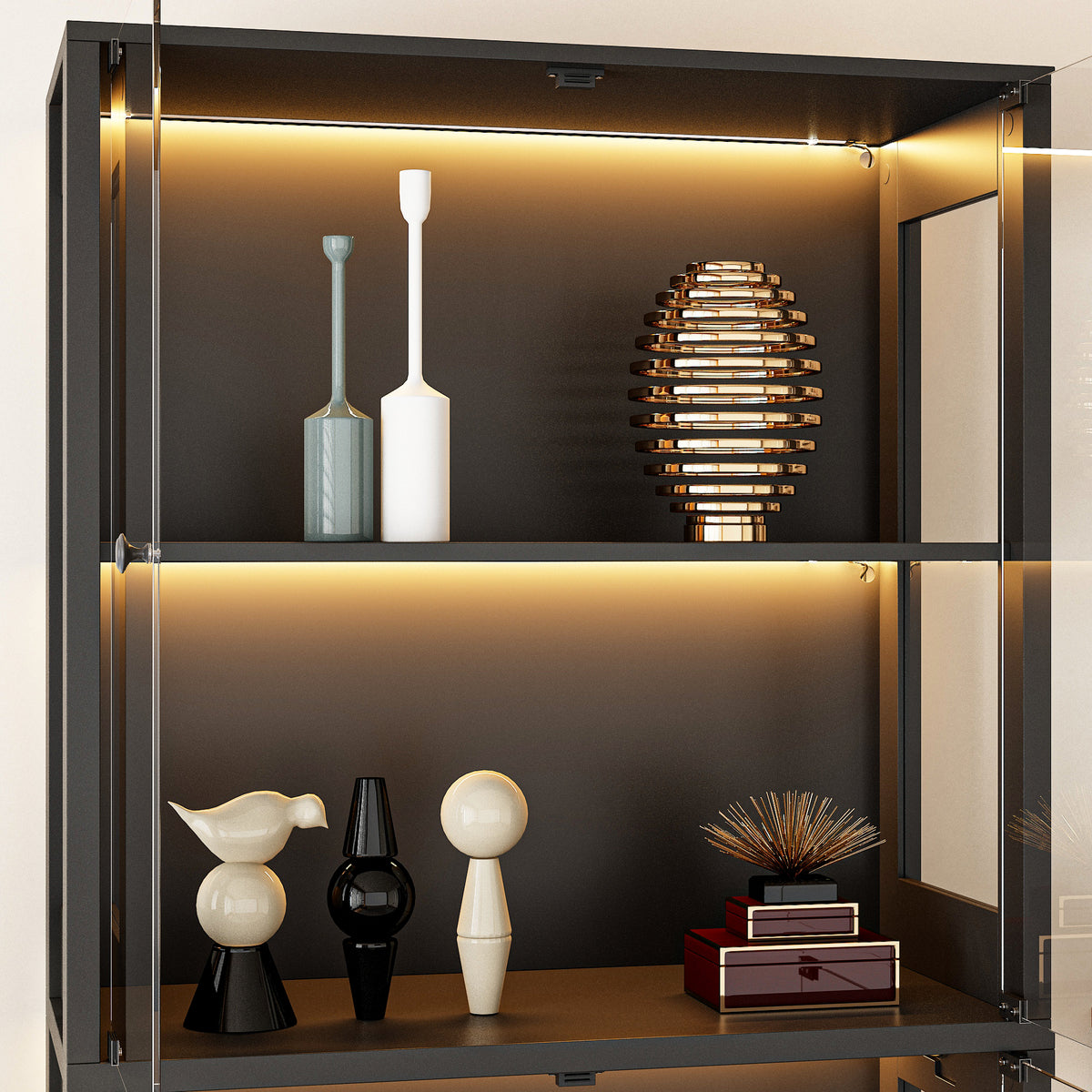 Modern interior with a glass cabinet displaying decorative items.