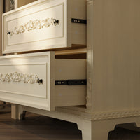 36.2" Elegant Wood Display Cabinet with 3 Open Shelves & 2 Carved Drawers