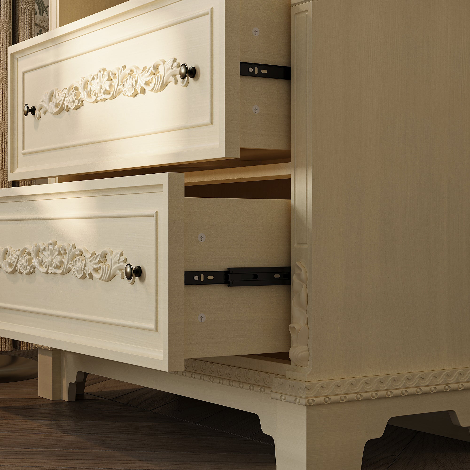 Elegant Display Cabinet With 3 Open Shelves & 2 Carved Drawers