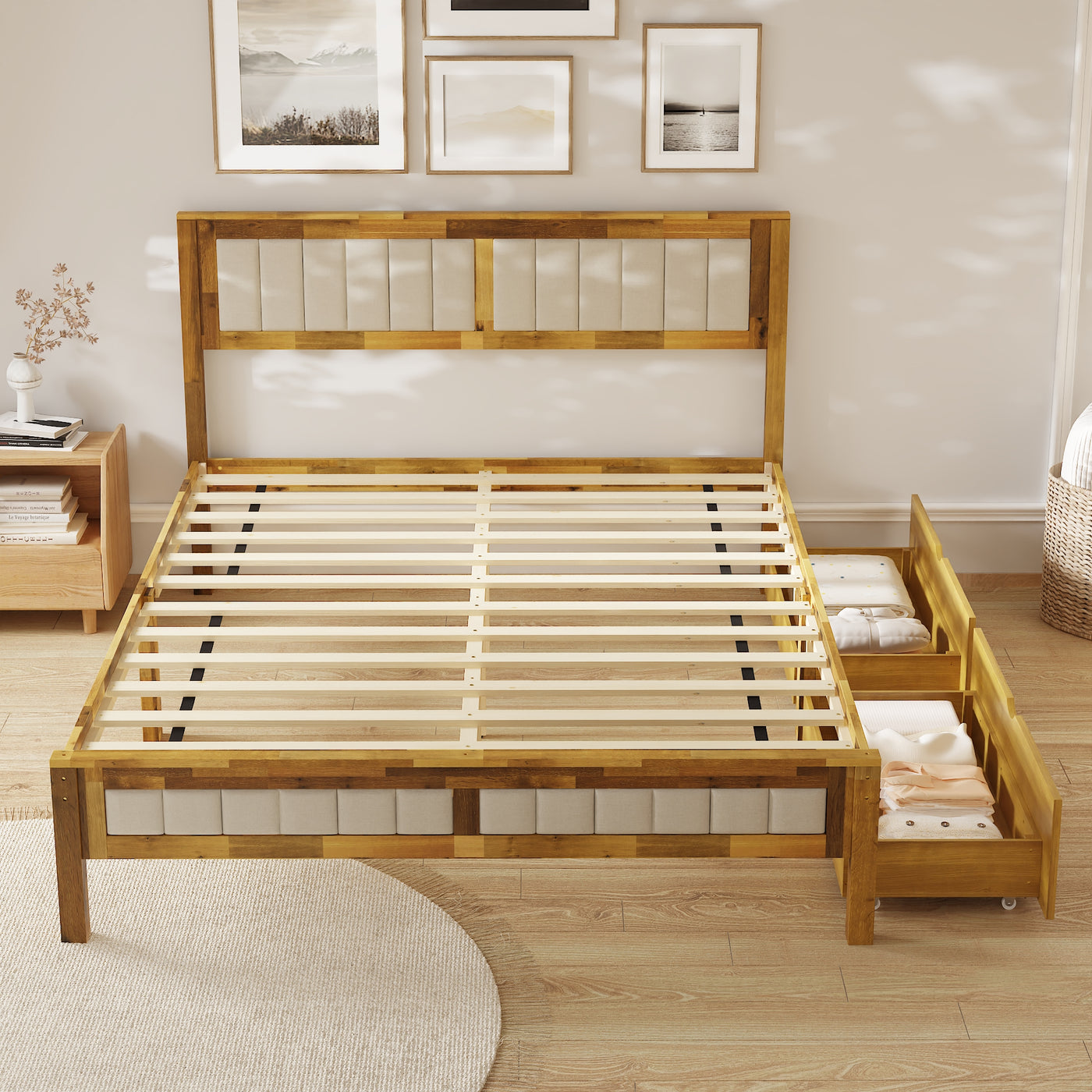 60.8" Modern Beige Platform Bed with Storage Drawers and Comfortable Headboard
